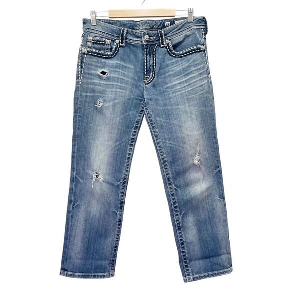 Miss Me Distressed Boyfriend Cropped Jeans Whiskered Medium Wash Women’s Size 28 - Picture 4 of 14